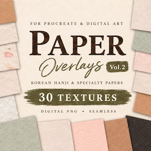 Paper Texture Overlays for Procreate | 30 Seamless PNG Backgrounds, Hanji & Mulberry Paper Vol. 2