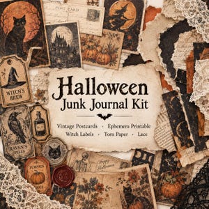Könnte beinhalten: Ein Halloween Junk Journal Set mit Vintage-Ephemera, Postkarten, Hexenetiketten, zerrissenem Papier und Spitze. Die Sammlung zeigt Illustrationen von schwarzen Katzen, Kürbissen, Raben, Skeletten und Monden in Orange und Schwarz.