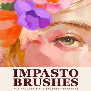 May include: A digital illustration featuring a close-up of an eye surrounded by vibrant orange, pink, and purple painted flowers. Below the artwork, the text reads IMPASTO BRUSHES FOR PROCREATE • 12 BRUSHES + 14 STAMPS in dark maroon.