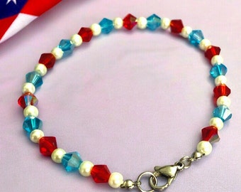 Pulsera patriótica de cristal, joyería de cuentas rojas, blancas y azules, pulsera con cierre FireLine del 4 de julio.