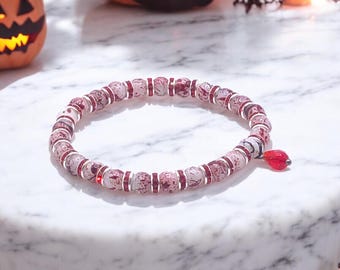 Bloody Ruby Drop Bracelet, Red Teardrop Beaded, Gothic Horror Piece