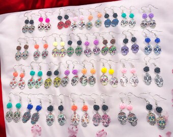 Rosy Skull Fiesta Earrings, Day of the Dead Jewelry, Sugar Skull Rose Bead, Gift for Her