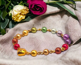 Spring Pearl Bracelet, Multicolor Glass Bead Linked Jewelry, Magnetic Clasp Gift for Her