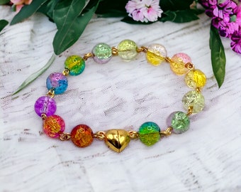 Rainbow Crackle Bracelet, Multicolor Glass Bead Linked Jewelry, Magnetic Clasp Gift for Her
