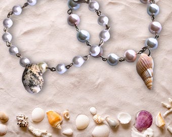 Pearly Seashell Bracelet, Ocean Pearl Linked Jewelry, Shell Charm Gift for Her