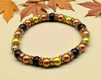 Autumn Glow Pearl Bracelet, Fall Beaded Stretch Jewelry, Thanksgiving Gift for Her