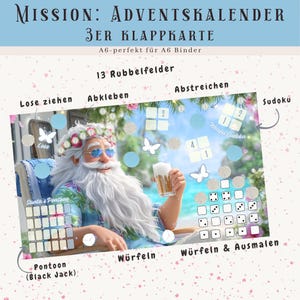 Könnte beinhalten: Adventskalenderkarte mit Illustration des Weihnachtsmanns. Die Karte enthält verschiedene Spielelemente, darunter Sudoku, Würfel und Rubbelfelder. Der Text enthält "Mission: Adventskalender" und "Santa's Pontoon".