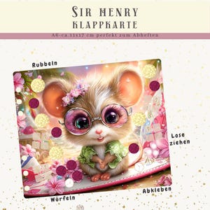 Könnte beinhalten: Eine farbenfrohe Illustration einer Maus mit Brille und Blumenkrone, mit dem Text "SIR HENRY KLAPPKARTE". Die Karte ist ca. 11 x 17 cm groß und hat farbenfrohe Akzente und Text auf Deutsch.