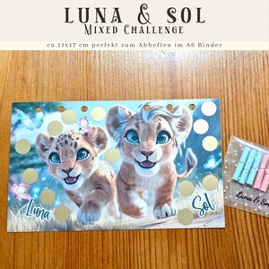 Luna & Sol - Einseitige Mix-Challenge zum abheften - rubbeln, würfeln und Lose ziehen | Sparen mit der Umschlagmethode | Für A6 Binder