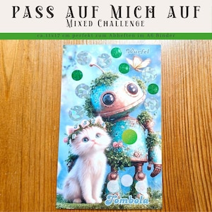Pass auf mich auf - Einseitige Mix-Challenge zum abheften - rubbeln, würfeln und Lose ziehen | Sparen mit der Umschlagmethode |
