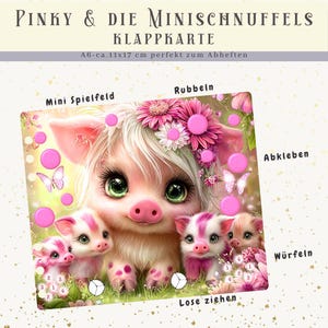 Könnte beinhalten: Eine Karte mit einer Illustration eines niedlichen Schweins mit Blumenkrone und mehreren kleineren Schweinen. Der Text "PINKY & DIE MINISCHNUFFELS KLAPPKARTE" und "A6-ca. 11x17 cm" ist enthalten.