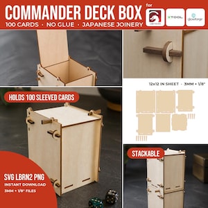 Puede incluir: Una caja de madera clara para mazos diseñada para 100 cartas con fundas. La caja utiliza ensambles japoneses, es apilable y no requiere pegamento. La imagen incluye etiquetas de texto, un diseño de hoja de 12x12 pulgadas y 3mm + 1/8 pulgada.