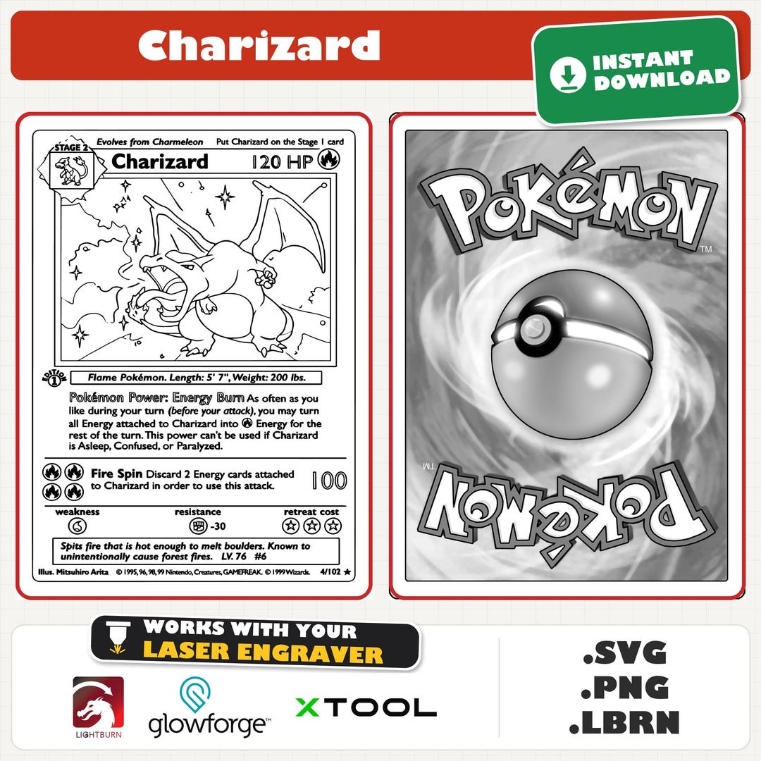 printable back pokemon card Charizard Base Set Pokémon SVG, Laser Cut File (digital Download) Remove 2 damage counters from 1 of your Pokémon (remove 1 damage counter if that Pokémon has only 1) 3D Printable Grading Frame for