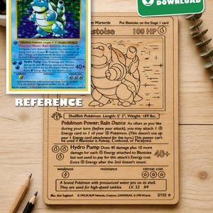 May include: A rectangular wooden plaque engraved with the detailed design of a Blastoise trading card, featuring the character illustration, text, and game statistics. A separate reference image of the original blue card is displayed above.