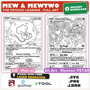 Mew and Mewtwo SVG Bundle, Full Art Pokemon Card Laser Cut Files, Psychic Legends Duo, LightBurn File, Digital Download