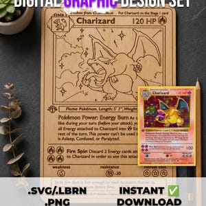 May include: A laser-engraved wooden plaque featuring the Charizard trading card design with detailed line art, text, and symbols. A small, colorful Charizard trading card is placed over the bottom right corner of the wooden board.