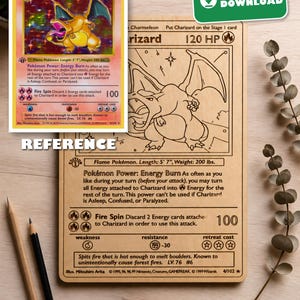 May include: A wooden rectangular plaque engraved with the Charizard Pokémon card design, featuring the character illustration, 120 HP, Fire Spin attack details, and text including Flame Pokémon, length, weight, and copyright information.