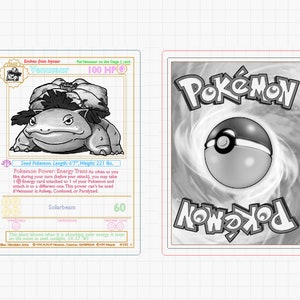 Puede incluir: Una carta de comercio de Pokemon en blanco y negro con Venusaur, un Pokemon de tipo semilla con un cuerpo verde y ojos rojos. La carta tiene un poder llamado Energy Trans y un ataque llamado Solarbeam. La carta mide 17 cm de alto y pesa 100 kg.