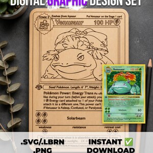 May include: A rectangular wooden plaque engraved with the detailed line art of a Venusaur trading card, featuring the character name, 100 HP, and game text. A small, colorful Venusaur trading card is placed on top of the wooden surface.