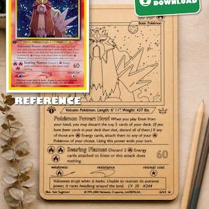 Puede incluir: Una tarjeta de madera con un diseño grabado del Pokémon Entei y texto que incluye Volcano Pokémon, Pokémon Power: Howl y Searing Flames. Una tarjeta de referencia de Entei aparece en la esquina superior izquierda con una etiqueta verde Instant Download.