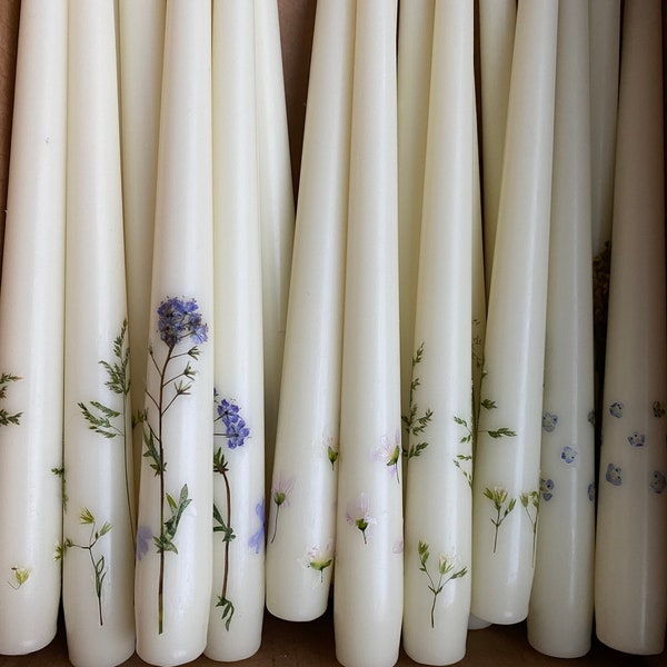 Pressed wildflower taper candles variety, gift for her, real flower candles, bridesmaid gift, boho decor