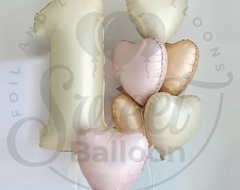 8pcs Balloon Set 30" Number Biege Cream Caramel Hearts Foil Number Balloons Birthday Age Party Decoration Neutral Pastel Set