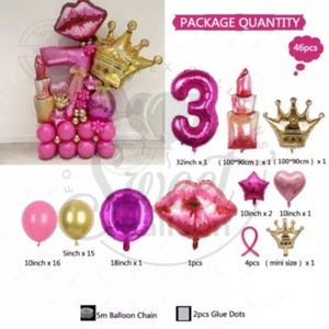 May include: A pink and gold balloon bouquet featuring a large number 3 balloon, a crown, lips, and a lipstick bottle. The bouquet includes 16 pink balloons, 15 gold balloons, 1 large pink balloon, 1 large purple balloon, 1 large pink lips balloon, 2 pink star balloons, 1 pink heart balloon, 4 mini crowns, and 1 32-inch pink number 3 balloon. The bouquet also includes a 5-metre balloon chain and 2 glue dots.  PACKAGE QUANTITY 46pcs