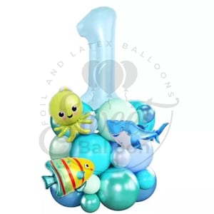 May include: A blue number one balloon with a green octopus, a blue shark, and a yellow fish balloon. The balloons are surrounded by smaller blue, white, and green balloons. The text "FOIL AND LATEX BALLOONS" is printed around the number one balloon.