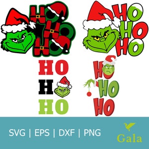 Może przedstawiać: Zbiór grafik o tematyce świątecznej z postacią Grincha i napisem "HO HO HO". Grinch przedstawiony jest w różnych pozach, w czapce Świętego Mikołaja. Tekst jest w kolorze czerwonym, czarnym i zielonym. Na dole obrazu znajduje się tekst "SVG | EPS | DXF | PNG."