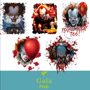 May include: Four digital images featuring a scary clown with red hair and a red balloon. The clown is wearing a white collar and a red and white striped shirt. The images are set against a white background with red splatters of paint. The text "You'll Float Too!" is featured in one of the images.