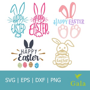 May include: Five different Easter bunny designs in pink, blue, and gold. The designs include a bunny head with the text "Happy Easter", a bunny holding an egg with the text "Happy Easter", a bunny with the text "Happy Easter", and two bunny footprints with the text "Happy Easter".