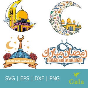 May include: Four colorful illustrations of Islamic designs featuring a crescent moon, mosque, and Arabic calligraphy. The text reads "Ramadan Mubarak".