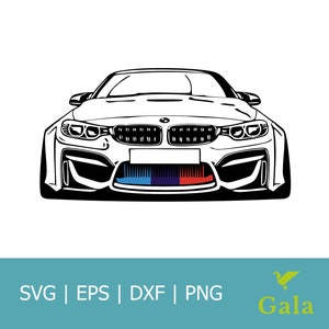 Może przedstawiać: Czarno-biała ilustracja liniowa przedstawiająca widok z przodu samochodu BMW. Samochód ma czarną kratkę z białym logo BMW i niebiesko-biało-czerwony pasek na przednim zderzaku.