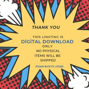 Puede incluir: Un globo de di&aacute;logo de estilo c&oacute;mic amarillo con un contorno negro y acentos azules y rojos. El texto dentro del globo dice "GRACIAS ESTA LISTA ES DESCARGA DIGITAL SOLO NO SE ENV&Iacute;AN ART&Iacute;CULOS F&Iacute;SICOS POR FAVOR CALIF&Iacute;QUENOS CON 5 ESTRELLAS".