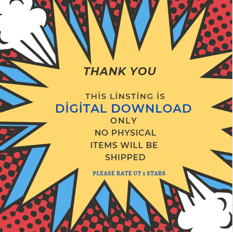 Puede incluir: Un globo de di&aacute;logo de estilo c&oacute;mic amarillo con un contorno negro y acentos azules y rojos. El texto dentro del globo dice "GRACIAS ESTA LISTA ES DESCARGA DIGITAL SOLO NO SE ENV&Iacute;AN ART&Iacute;CULOS F&Iacute;SICOS POR FAVOR CALIF&Iacute;QUENOS CON 5 ESTRELLAS".