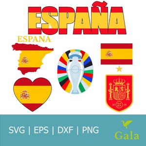 May include: A set of digital cut files featuring various designs related to Spain. The designs include the word "ESPAÑA" in red and yellow, a map of Spain with the Spanish flag, a heart-shaped flag of Spain, a soccer trophy with a colorful background, a rectangular Spanish flag, a gold star, and a shield with the Spanish coat of arms.