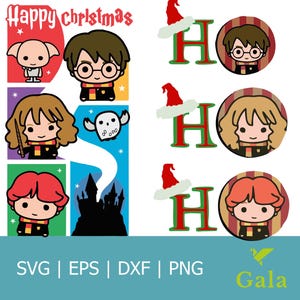 May include: A set of digital clipart featuring Harry Potter characters in a Christmas theme. The characters are wearing Santa hats and the text "Happy Christmas" is at the top of the image. The characters are Harry Potter, Ron Weasley, Hermione Granger, and Dobby the house elf. The clipart is in SVG, EPS, DXF, and PNG formats.