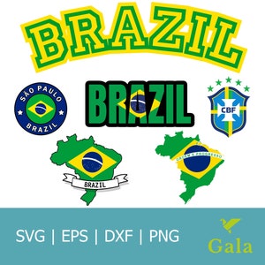 Puede incluir: Un conjunto de archivos de corte digital que presentan varios diseños relacionados con Brasil. Los diseños incluyen un contorno verde y amarillo de Brasil con una cinta que dice "Brasil", un círculo verde y amarillo con las palabras "Sao Paulo" y "Brasil" dentro, un escudo verde y amarillo con las letras "CBF" dentro, y un contorno verde y amarillo de Brasil con las palabras "Ordem e Progresso" dentro.