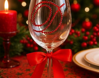 Personalised Wine Glass – Red Rhinestone Initial, Name Ribbon, Custom Christmas