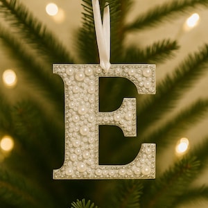 Handmade Luxury Pearl White Wooden Alphabet  Christmas Tree Bauble Decoration Stocking Initial Personalized