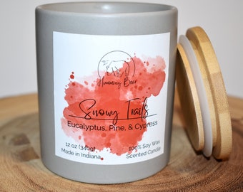 12 oz Snowy Trails Soy Candle | Eucalyptus, Pine, & Cypress | Long Burn Time | Made To Order