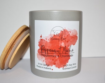 12 oz Peppermint Mocha Soy Candle | Peppermint & Chocolate | Long Burn Time | Made to Order