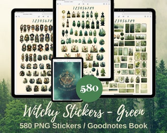 Green Enchanted Forest Witchy Digital Sticker Book, Spiritual Stickers For Witchy Planner, Tarot Card Goodnotes Stickers