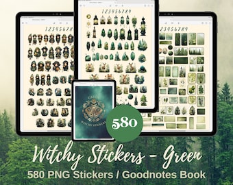 Green Enchanted Forest Witchy Digital Sticker Book, Spiritual Stickers For Witchy Planner, Tarot Card Goodnotes Stickers