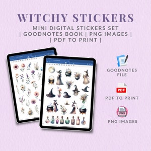 Pacote de adesivos digitais Witchy, adesivos espirituais imprimíveis para planejador Witchy, adesivos Goodnotes de cartas de tarô