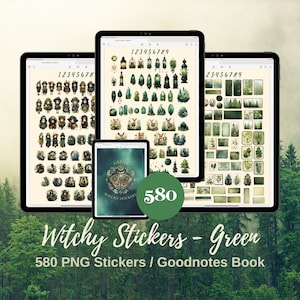 Livro de adesivos digitais de floresta encantada verde, adesivos espirituais para planejador de bruxas, cartas de tarô, adesivos de boas notas