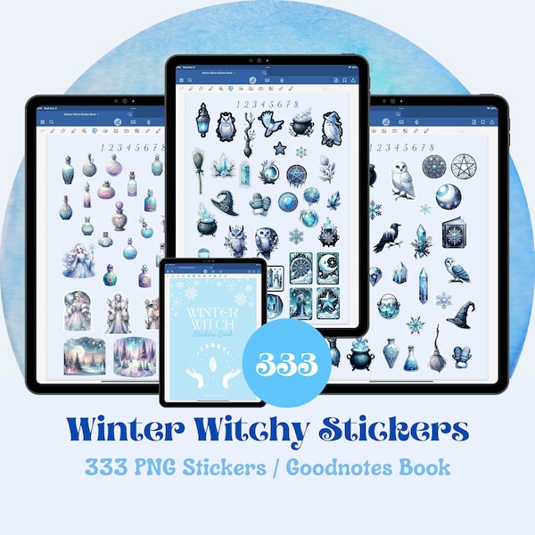 Witchy Winter Digital Sticker Book, Northern Witch Stickers for Winter Journaling, Icy Blue Goodnotes Sticker Pack