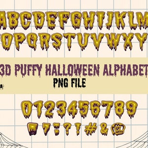 Letras y números del alfabeto goteando de Halloween en 3D, paquete de letras de Happy Halloween, alfabeto de Halloween con burbujas, letras hinchadas PNG