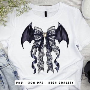 Halloween Bat Gothic Coquette Bow PNG Gothic Girly Png Sublimation Designs Gothic Png Halloween Tee Halloween Tee Spooky Season Bat Png