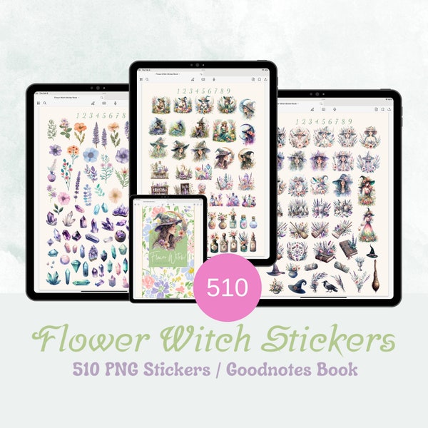 Spring Floral Witch Digital Sticker Pack, Spring Witchy Stickers For Goodnotes Planner, Floral Digital Sticker Book For Witchy Planner